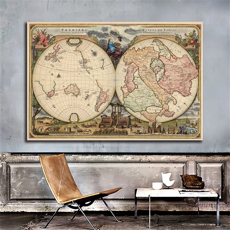 90x60cm Vintage Map Retro First Pangea of Wine Map Canvas Painting Posters and Prints for Home Bar Hotel Decoration