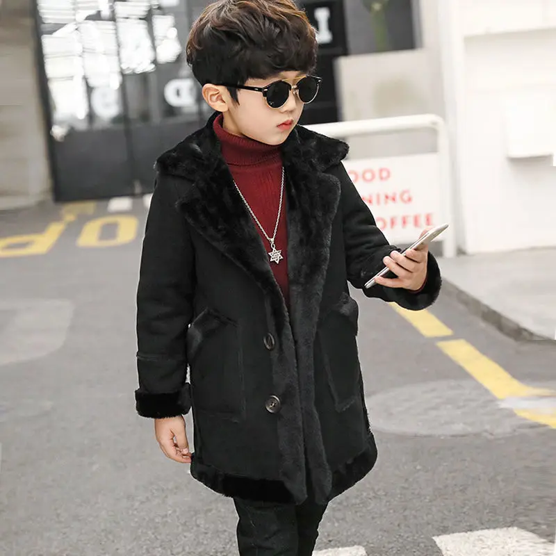 Kids Boys Woolen Jacket Coats Quality Autumn Winter Plus Velvet Thicken Children Boy Outerwear 2 Colors For 3 4 6 8 10 12 14Y