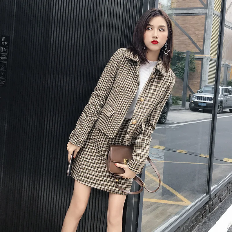 

Free shipping Autumn and Winter Dresses Fashion Suit Skirt Autumn Dresses Women's New Chequered Wool Two-piece Suit Button