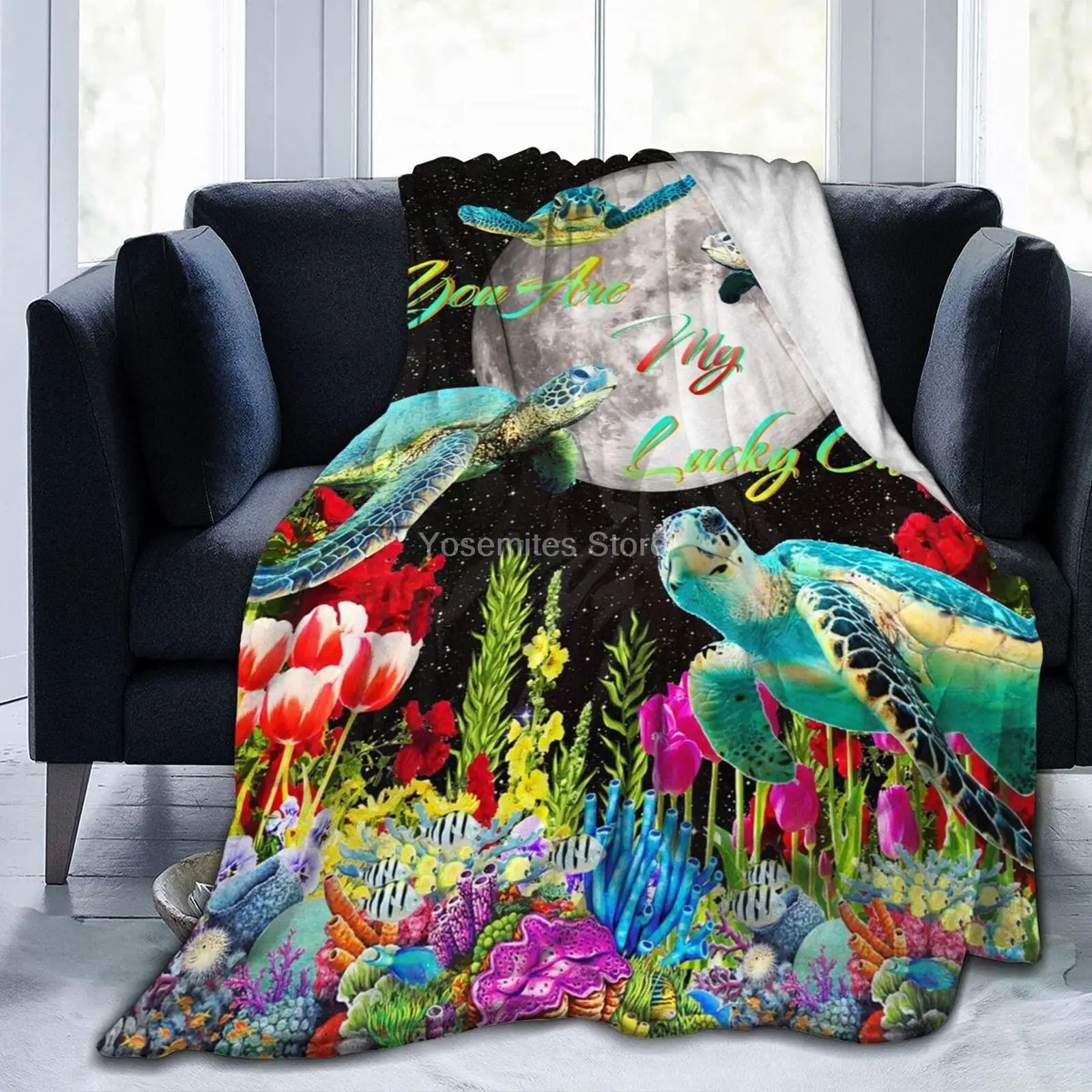 

Sea Turtle Flying Moon Flannel Fleece Blanket for Couch Bed Sofa Super Soft Warm Plush Microfiber Blankets