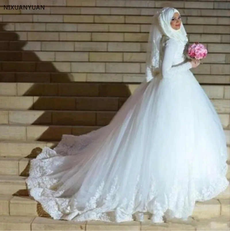 Arabic Turkish Islamic Muslim Wedding Dresses with Veil 2021 Long Sleeve Lace Ball Gown Princess Dress Vestid | Свадьбы и торжества