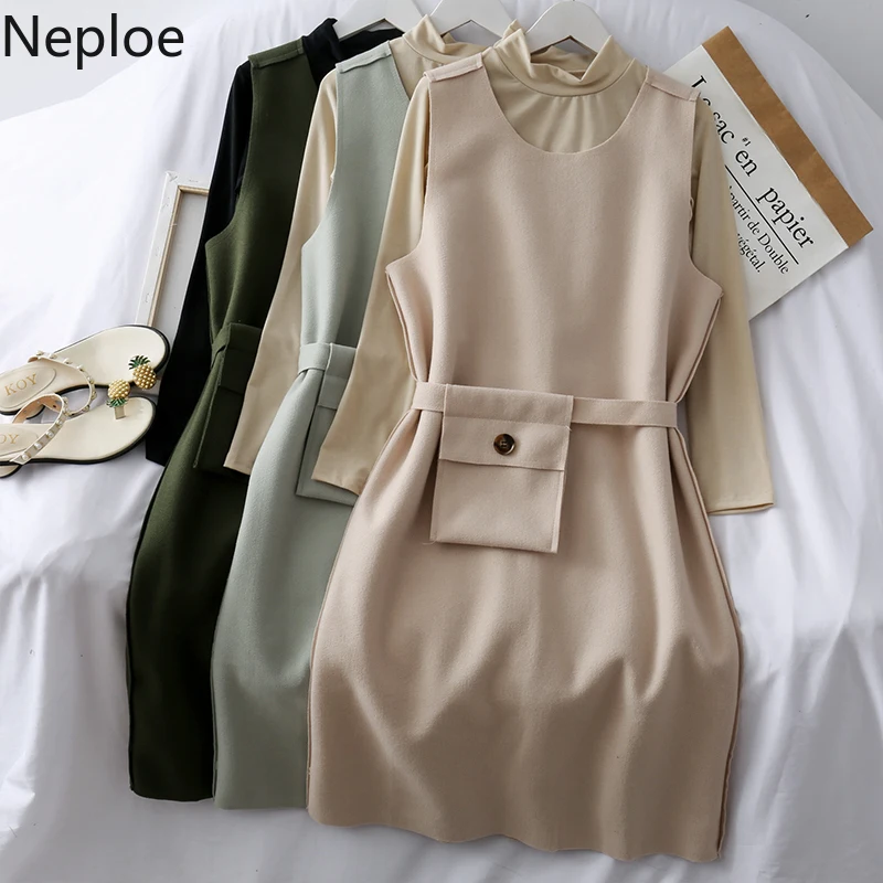 

Neploe Half High Neck Long Sleeve Bottom Shirt High Waist Lace Up Matching Pocket Mid Long Vestido Tempermanet Loose Solid Ropa