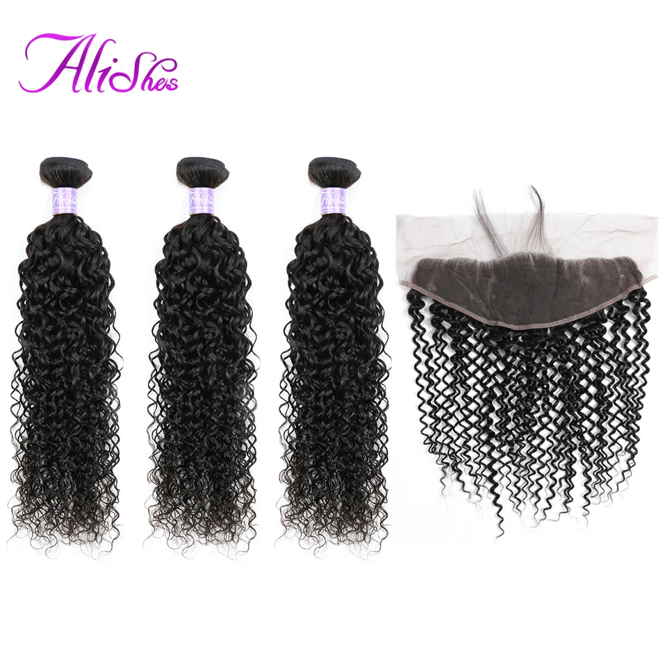 

Alishes Mongolian Kinky Curly Bundles With Frontal Closure And Bundles Remy Human Hair 3 Bundles With Ear To Ear Lace Frontal