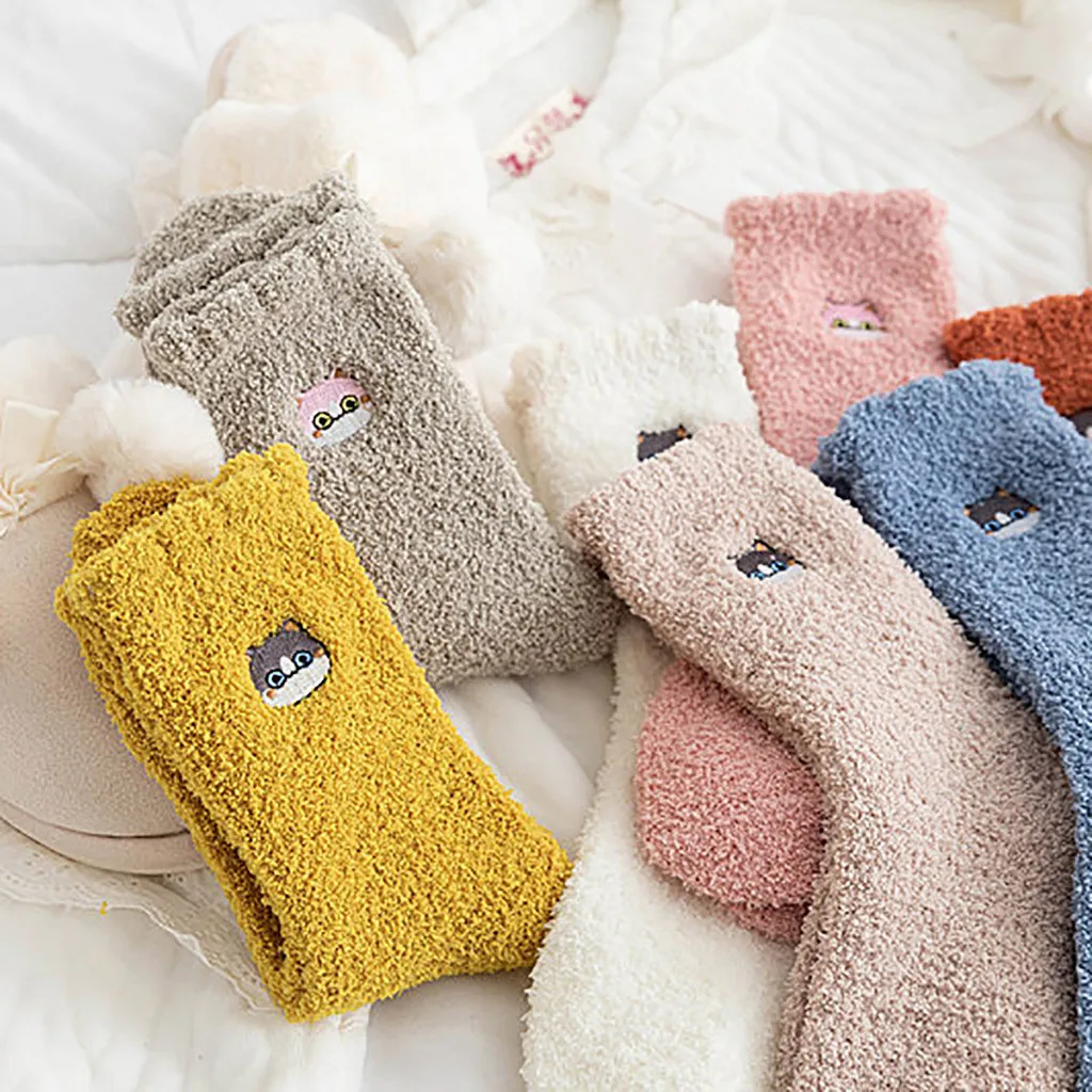 5 пар женских носков с вышивкой кота оленя, утепленные женские хлопковые милые плюшевые носки, сохраняющие тепло, для сна, милые женские носки@ 5
