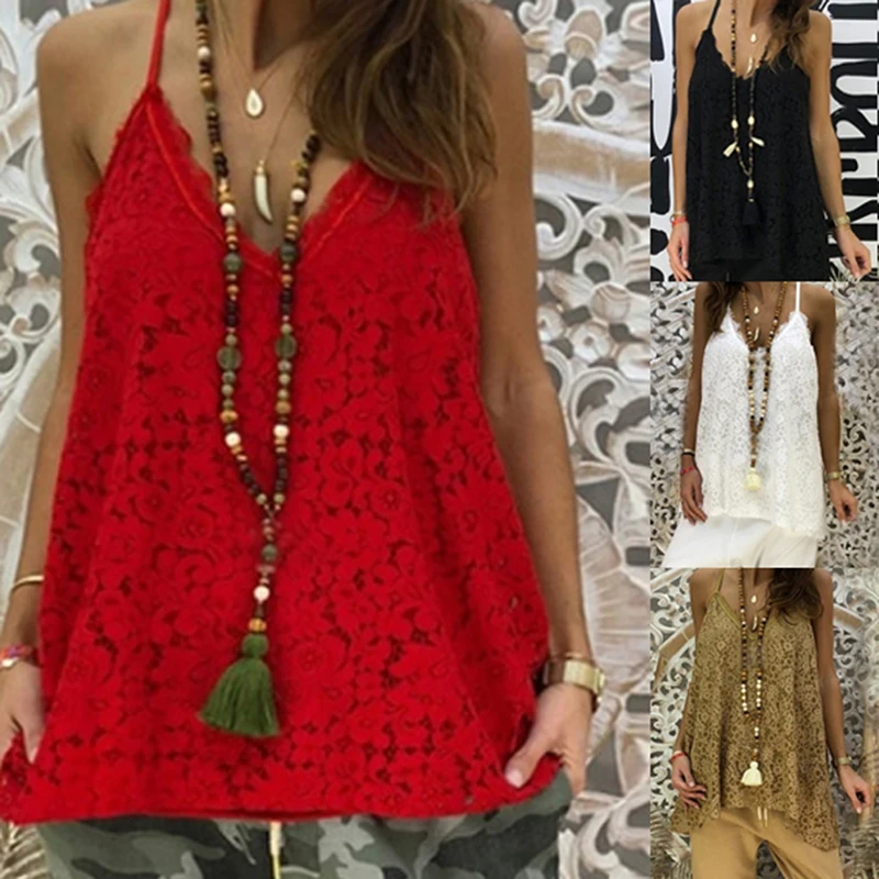 Summer Women T Shirt New Deep V Neck Lace Sleeveless Cami T Shirt Off Shoulder Backless Solid Color Female Cloths