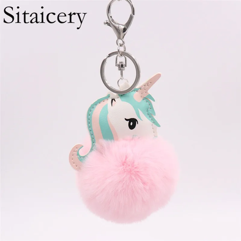 

Sitaicery Pompom Unicorn Keychain Rabbit Fur Ball Horse Key Chain Porte Clef Bag Car Keyring Llavero Mujer Keychains For Women