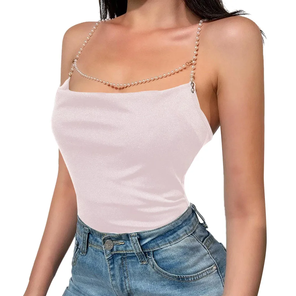 

Women Camis Sexy Pearl Chain Solid Color Sleeveless Backless Bodycon Slim Cropped Camisole Summer Fashion Casual Tops Hot Sale