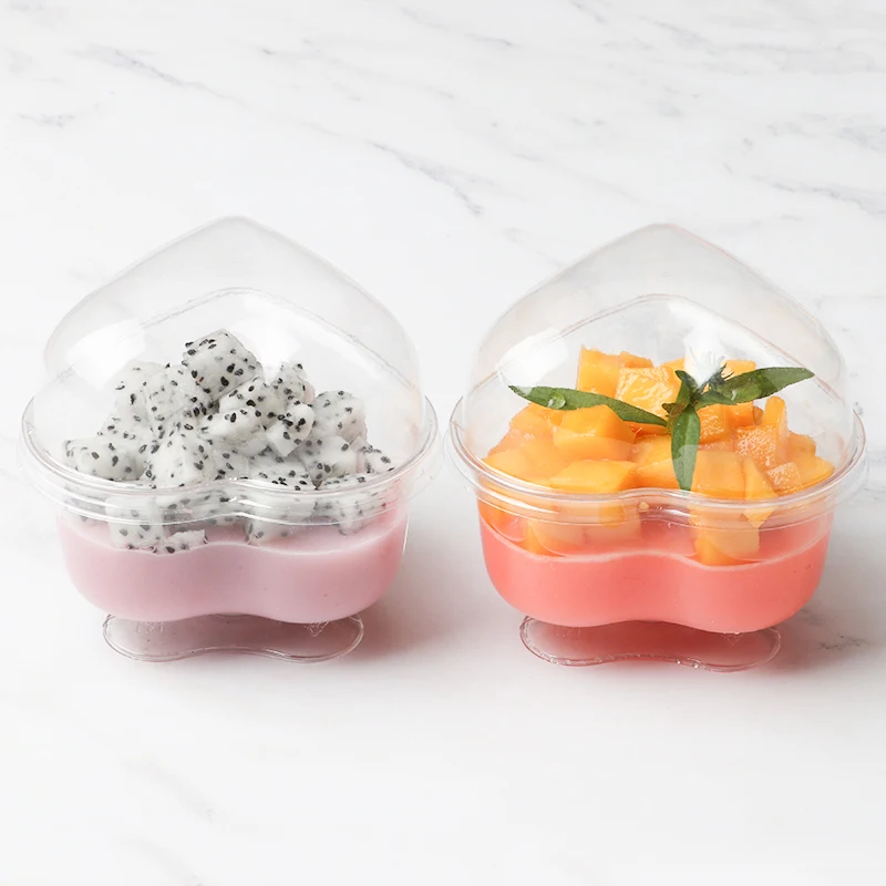

50pcs High quality heart shape goblet dessert cup 120ml small transparent pudding jelly yogurt fruit cake plastic cups with lid