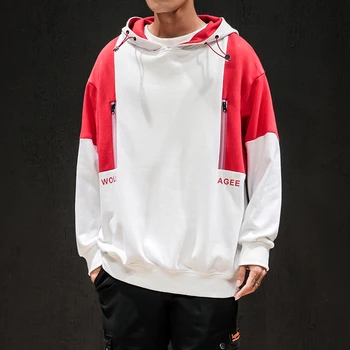 

Oversize M-5XL White Red Zipper Letter Cotton Patchwork Top New Male Warm Coat Hooded Men Casual Hoodie Sweatshirt High Quality