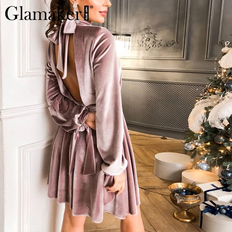 Glamaker бархатное сексуальное короткое платье с открытой спиной, осеннее платье с высоким воротом и бантом на шнуровке, Женское зимнее платье с рукавами-фонариками
