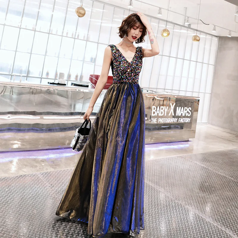 

New Elegant Long Evening Dresses Fashion Beading V-neck girls Prom Party dresses Gown Formal Dress Robe De Soiree 2019