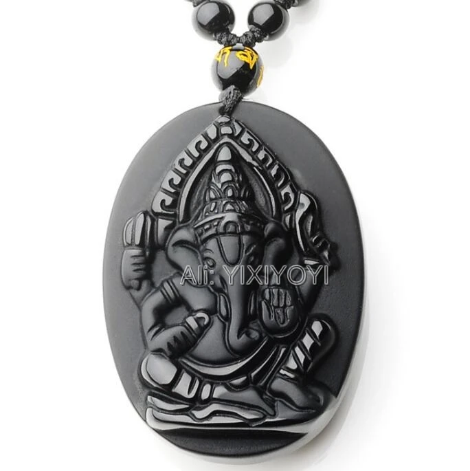 Pendant Necklace Beautiful Handwork Natural Black Obsidian Carved Elephant Nose Buddha God of Wealth Lucky Pendant + Beads Necklace Gift Jewelry