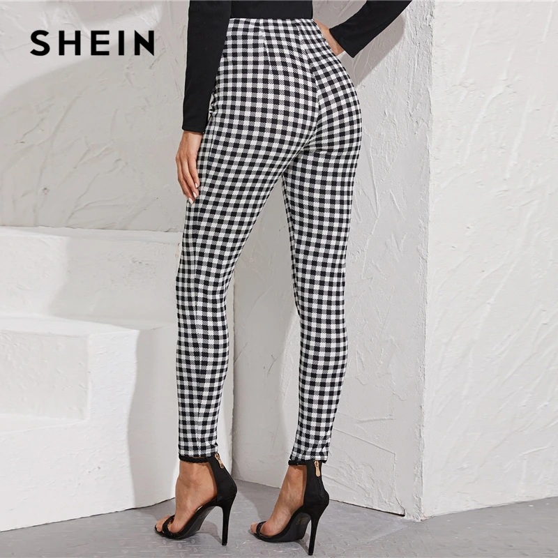SHEIN черно-белого цвета с молнией спереди из гринсбона с принтом узкие брюки Preppy Для женщин на осень, одежда для прогулок Женские базовые длинные Растягивающиеся штаны