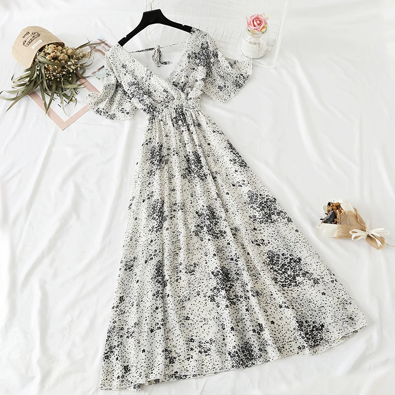 2021 Summer Women Ruffled Short-sleeved Chiffon Dress V-neck High Waist Floral Print Beach Midi Dresses Backless Sexy Vestidos