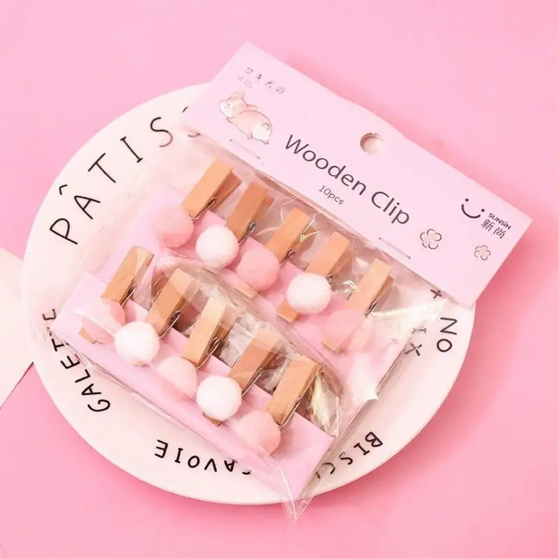 

10 Pcs/pack Creative cute Pink Plush Ball Wooden Clips Photo Memo Paper Craft DIY Clips with Hemp Rope Stationery Gifts