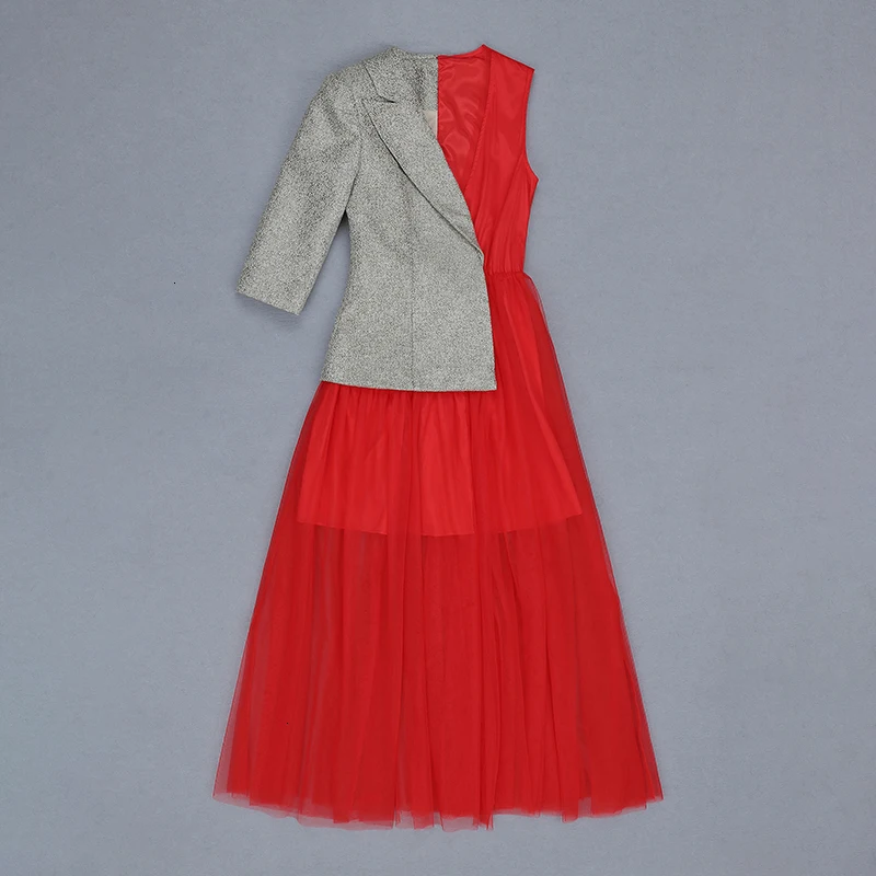 Сетчатое лоскутное платье с v-образным вырезом и асимметричным рукавом, высокая ширина, женское Выходное платье с рукавом, осень, корейская модная одежда, осень