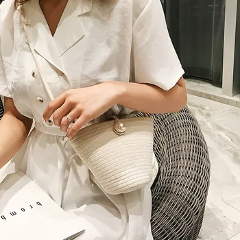

Beach Women Retro Pearl Hand-Woven Straw Bag Summer Travel Bucket Bag Shoulder Bags Handbags summer Messenger bag PU Purse