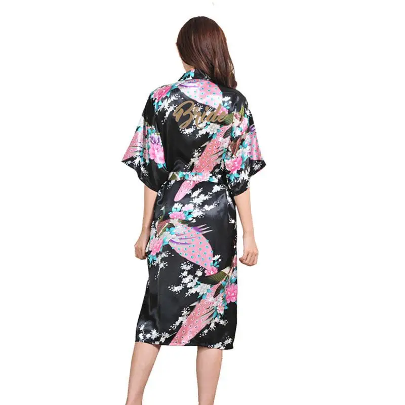 Длинная пижама с принтом, халат для невесты, Свадебный халат с надписью «Невеста», кимоно купальный халат, сексуальное ночное белье для женщин, большие размеры 3XL - Цвет: Black 1