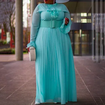 

Dinner Party Maxi Dress Vintage Female Stand Collar Pleated Plain Dress Sexy Sleeve Plus Size Office Ladies Women Long not Belt