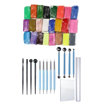 

2 Set Modeling Tool: 1 Set 15 Pieces Carving Modeling Tool Set & 1 Set Mixed Colour 24 Soft Sculpey Oven Bake Polymer Clay Model