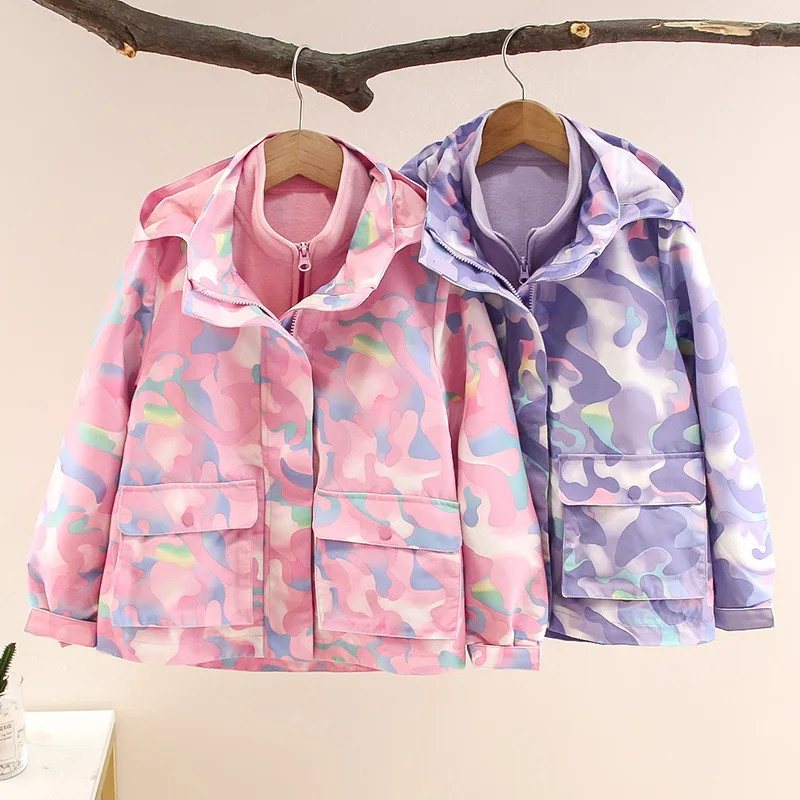 

Kids Windbreaker For Girl 3 IN 1 Waterproof Camouflage Children Hooded Hiking Jacket Coat For Teen Girl 4-14 Years Raincoats