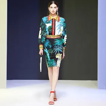 

2020 Spring New Runway 2Piece Set Women High Quality Designers Full Sleeve Print Elegant Blouse and Skirt Suits Set Office