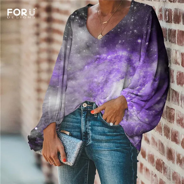 FORUDESIGNS/Женские блузки с космическим принтом, блузка с длинным рукавом, свободная туника, рубашки с v-образным вырезом, женская шифоновая блузка, сексуальные топы - Цвет: HMP543B2