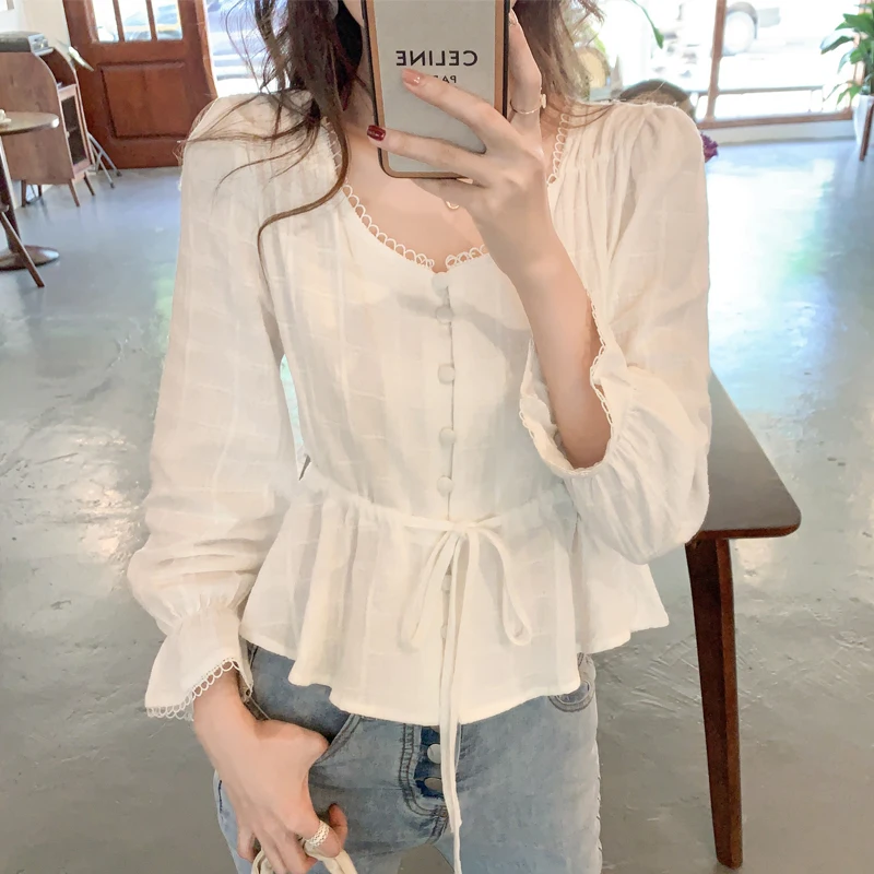 2021-spring-white-shirt-round-neck-flared-sleeve-cotton-blouse-with-belt-button-short-style-ruffled-top-womens-tops-and-blouses