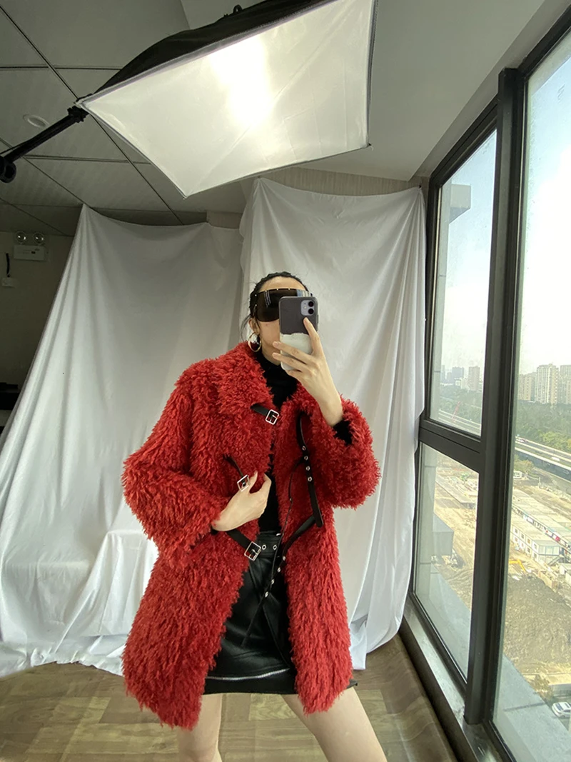 [EAM] Loose Fit Lambswool Split Big Size Thick Woolen Coat Parkas New Long Sleeve Women Fashion Tide Autumn Winter 1M420