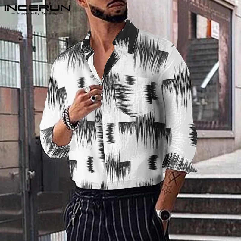 Мужская рубашка INCERUN с длинным рукавом, с отворотом, с карманами, модная, необычная, с принтом, на пуговицах, тонкая блуза, мужская, размер S-5XL