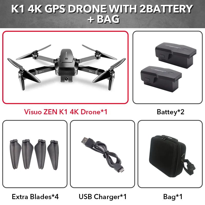2 batteries with bag VISUO ZEN K1 5G wifi FPV gps 4K 720P HD Двойная камера 90 градусов широкоугольный складной Радиоуправляемый Дрон Квадрокоптер VS XS809HW SG106 H37 M69 - Цвет: 2 batteries with bag