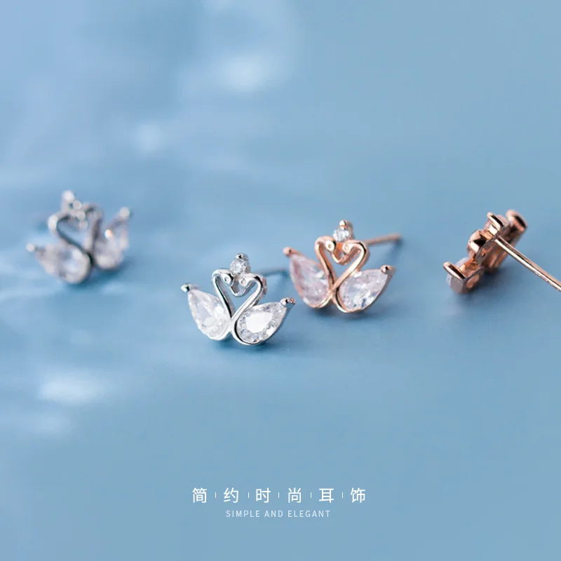 Style Chic Elegant Love Swan Ear Studs 925 Sterling Silver Clear CZ Stud Earrings Engagement Statement Jewelry | Украшения и