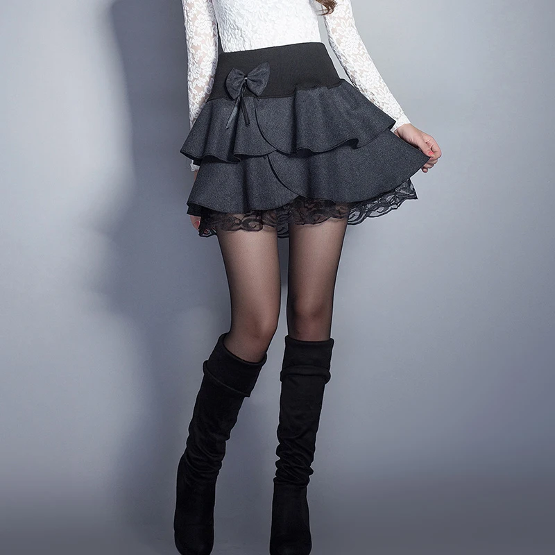 Autumn Winter Plaid Elastic Waist Thick Wool Mini Skirts Womens High Waist Fluffy Pleated Female Black Kawaii A Line Skirt C365