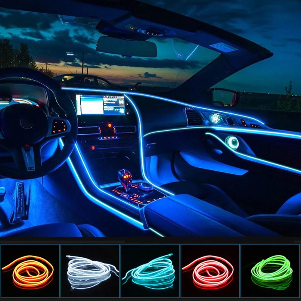 2M Car EL Blue Cold Light Strip 12V LED Glow Flexible Atmosphere Neon Lamp Decor 