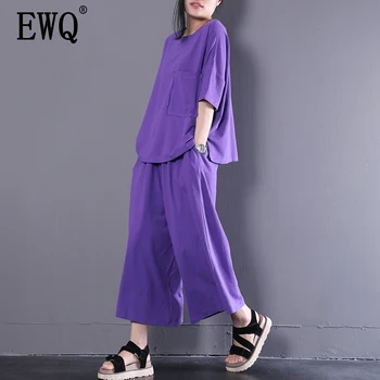 

[EWQ] 2020 Summer New Pattern Style Loose Large Size Round Collar Solid Color Wide Leg Pants Coton Fabric SuitAF662