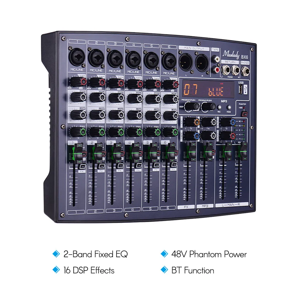Muslady BX6 Compact 6 Channels Mixer Mixing Console with 16 DSP Effects Support BT Connection for