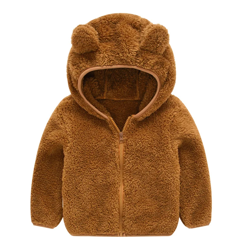 Зимнее пальто для маленьких мальчиков и девочек детская куртка на молнии с капюшоном и длинными рукавами, теплая куртка с милыми ушками, однотонная хлопковая верхняя одежда для малышей - Цвет: Brown