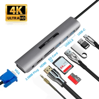 

9 In 1 USB C Hub to HDMI VGA RJ45 Gigabit Ethernet Power Adapter Dock PD Charger for Smartphones