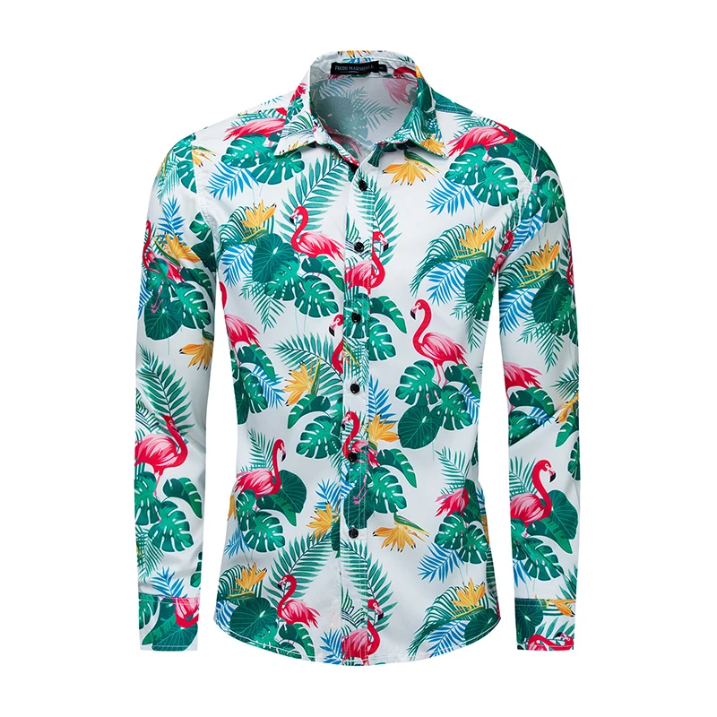 

2019 Europe And The New Large Size Men's Shirt Spring And Summer New Cotton Shirt Men's Long Sleeve Flamingo Shirt Printed Shirt