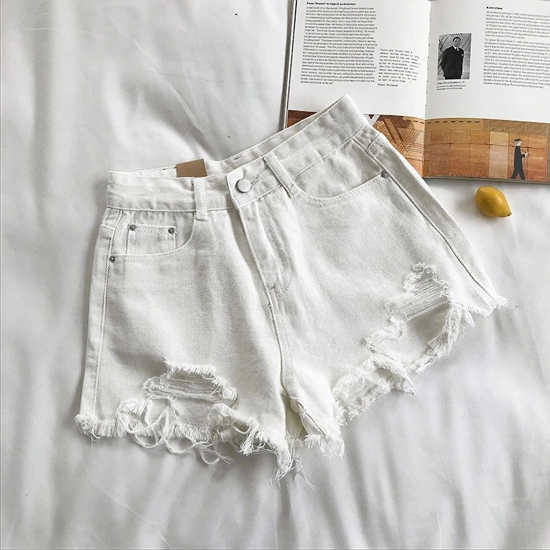 Women Wide Leg Hole Black Denim Shorts Casual Female Streetwear Loose Solid Color White Jeans Shorts Casual Female Shorts Loose black shorts