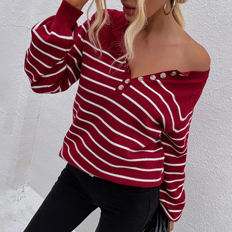 Autumn Women Knitted Sweaters Striped Color Single Breasted Full Sleeve Fashion Thin Winter Warm Casual Pullovers Knitwear C3219 | Женская