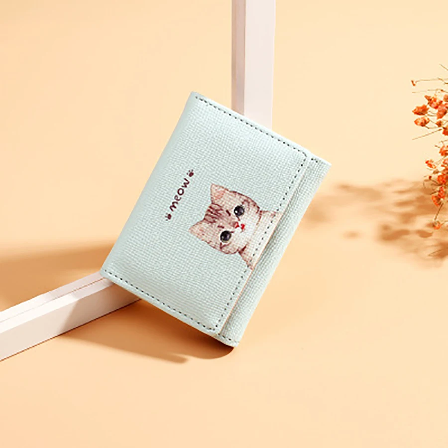 

Cute Cartoon Cat Printed Women Wallets Three-fold Pu Solid color Lady Coin Purse Credit Card Holder Multi-function Flip Purses