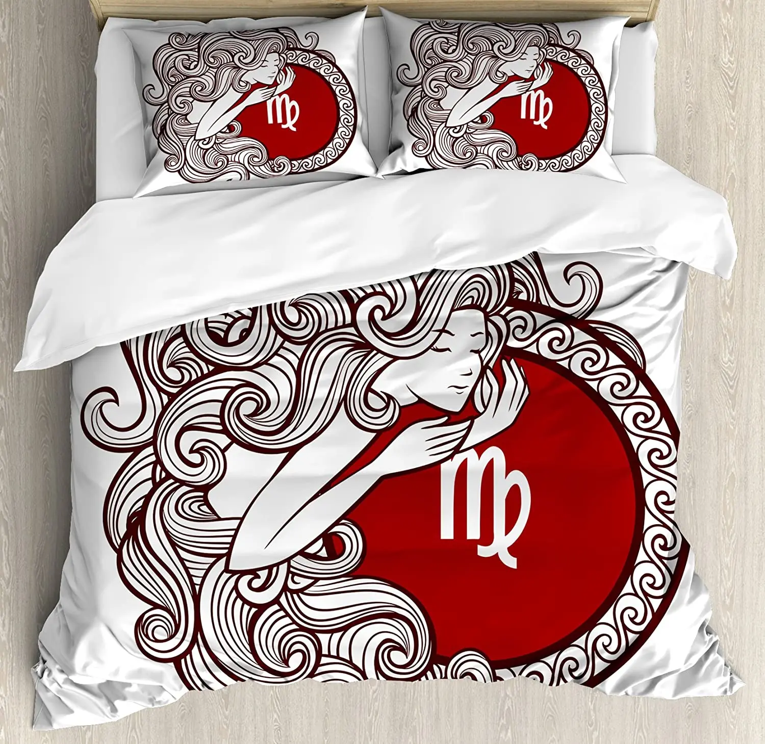 Virgo Duvet Cover Set Vibrant Color Abstract Image Zodiac Sign Long Haired Girl with Symbol of Bedding Brown White | Дом и сад