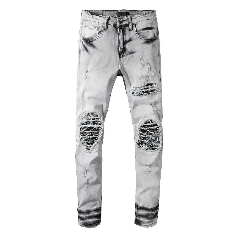 

2019 New Streetwear Mens Ripped Biker Jeans Men's Fashion Motorcycle Slim Fit Black Gray Blue Moto Denim Pants Skinny