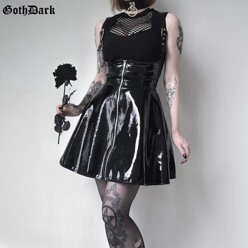 Женская кожаная плиссированная юбка Goth Dark винтажная на молнии с высокой талией