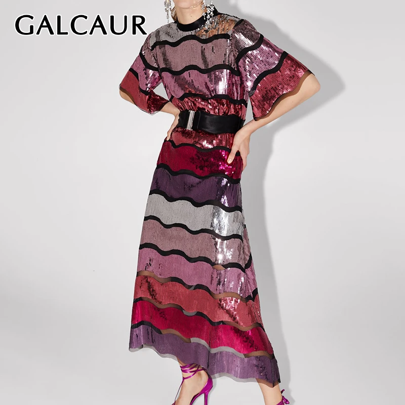 GALCAUR лоскутное блестящее хит разноцветное платье женское стоячий воротник с