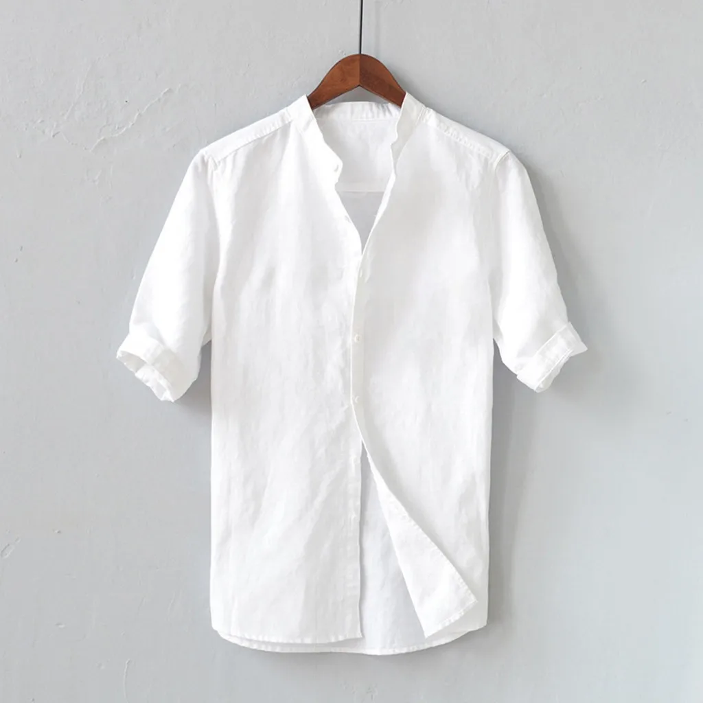 Men Shirts Mens White Shirt Linen Summer Men's Breathable Solid Color Button Cotton Shirt Five-point Sleeve Sleeve Camisa FG72 Men Shirts Mens White Shirt Linen Summer Men's Breathable Solid Color Button Cotton Shirt Five-point Sleeve Sleeve Camisa FG72