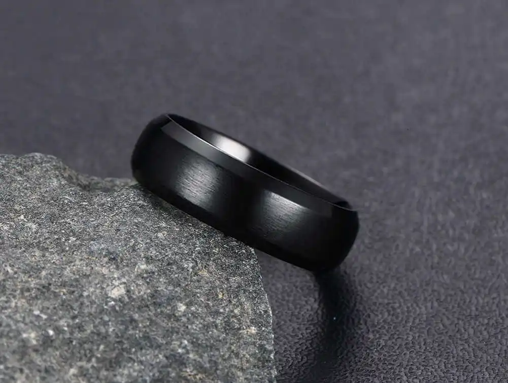 Vnox Personalize Stainless Steel Beveled Edge Brushed Center Ring for Men Women Black Wedding Band Custom Name Letter Date Ring