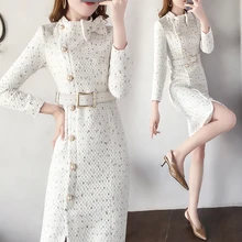 New arrival Autumn and winter Runway women elegant tweed dress Bow collar Long sleeve female fashion chic dresses vestidos