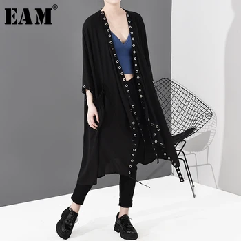 

[EAM] Women Black Asymmetrical Split Big Size Trench New V-collarLong Sleeve Loose Fit Windbreaker Fashion Spring 2020 1S691